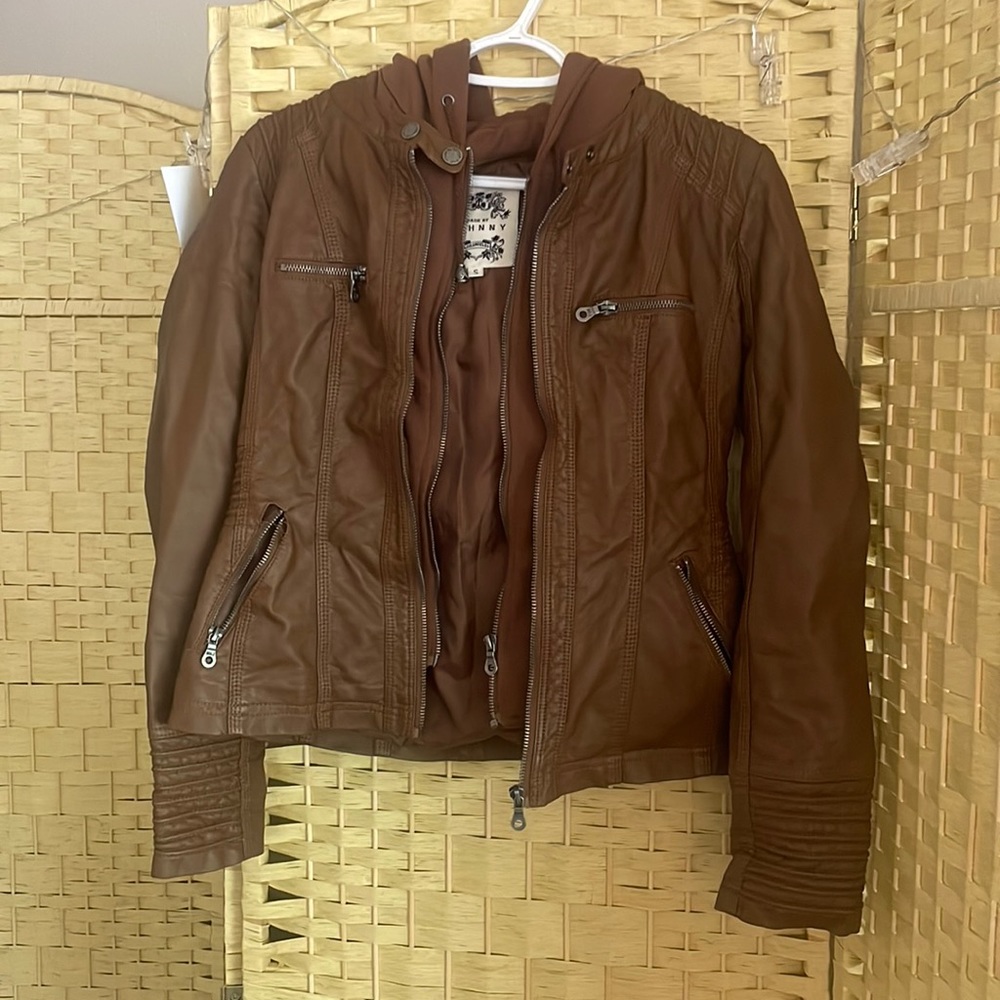 Brown Faux Leather Jacket with Detachable Hood